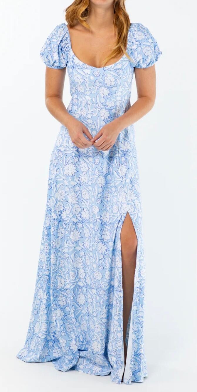 Smith & Quinn Maxi Dress Elizabeth Blue Floral Puff Sleeve Sweetheart